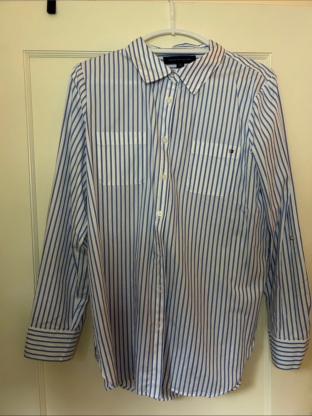 Tommy Hilfiger White and Blue Vertical Stripe Button-Down Shirt